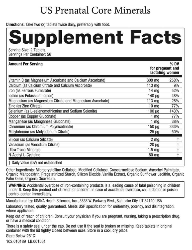 US Prenatal Core Minerals supplement facts