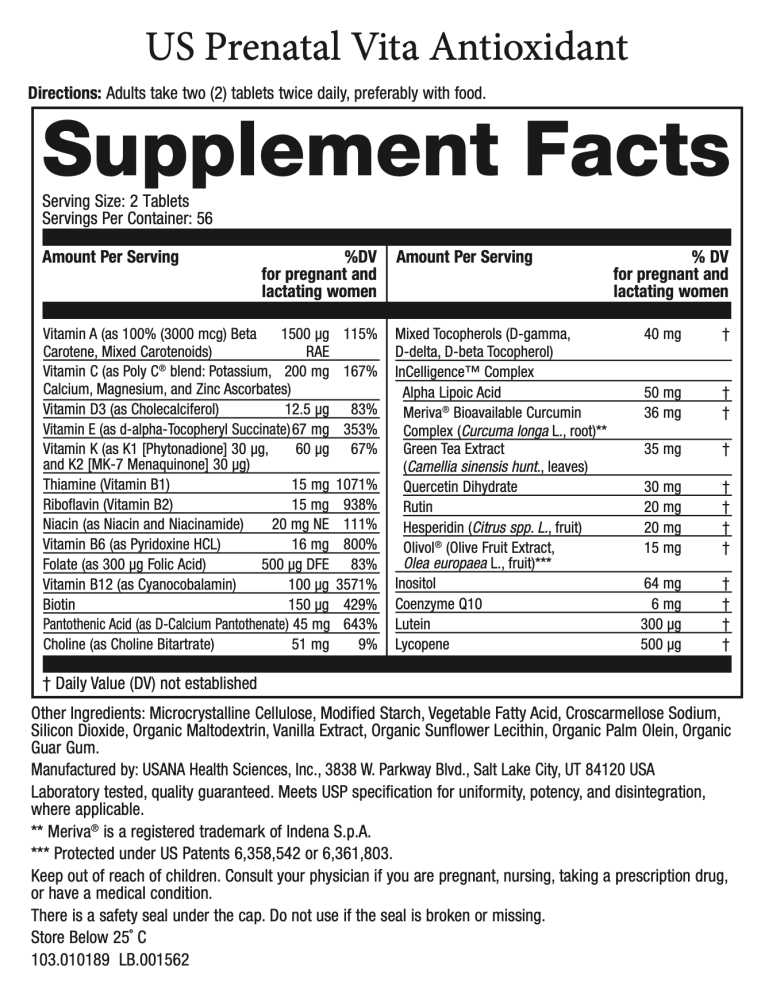 US Prenatal Vita Antioxidant supplement facts