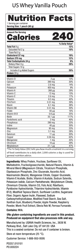 Vanilla Whey Nutrimeal Active Packets usana supplement facts